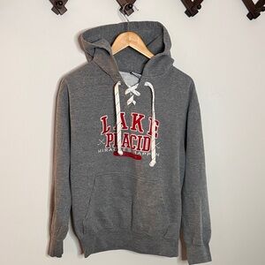 MV Sport Lake Placid Hockey Lace-Up Hoodie Gray Medium Cozy Pullover